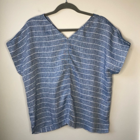 Garnet Hill 100% Linen V-Neck Boxy Tee Short Sleeve Cropped Striped Minimalist L - Picture 7 of 11